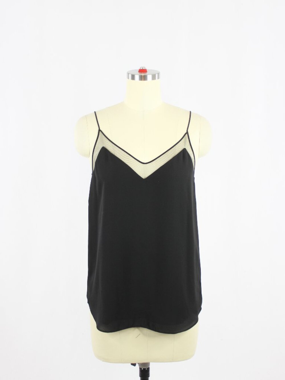 Aritzia BABATON Galen Black Matte Satin Mesh Trim V-Neck Camisole Tank, Size S